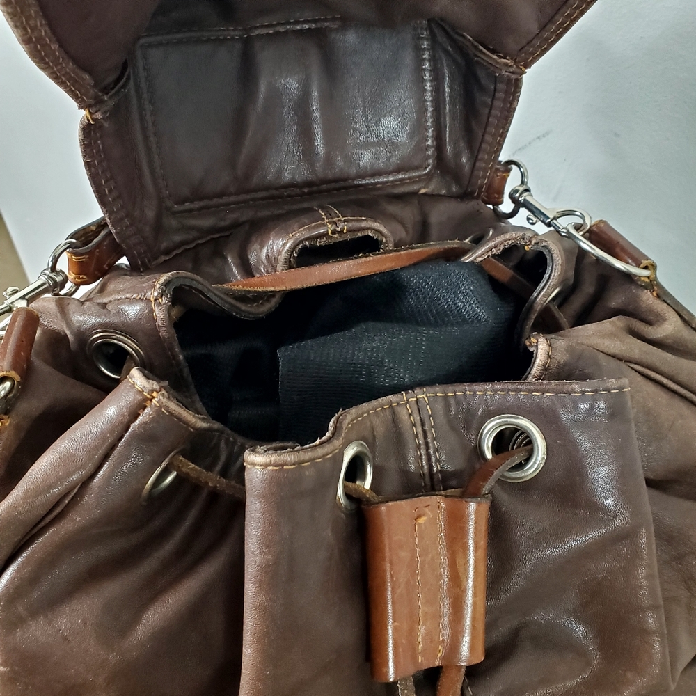 Vintage 90s RUGBY North America Pebbled Leather Drawstring Backpack Brown - Picture 12 of 13